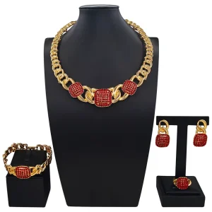 Zhuerrui Brazilian Gold Chunky Chain Red Crystal Square 4Pcs Jewelry Set Necklace Women Party Accessories HC2500614