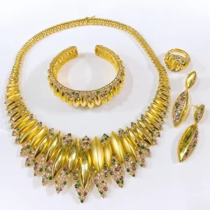 Zhuerrui Cubic Zirconia Gold Jewelry Set Necklace Bracelet Earrings Ring Four-Piece Jewelry Set American Diamond Women’s Wedding