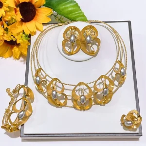 Zhuerrui Dubai Gold Plated Big Brazilian Jewelry Set Hollow Flower Pearl Women Party Necklace Earrings Bracelet Ring HS2603