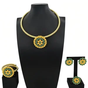 Zhuerrui Floral Cluster Turquoise Gold Tone 3in1 Set Braided Chain Necklace Earrings Bracelet Female Outfit Jewelry