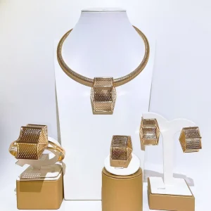 Zhuerrui Gold Plated Jewelry Sets for Women African Hollow Mesh Geometric Pendant Torque Necklace Cube Cuff Bangle HC25006
