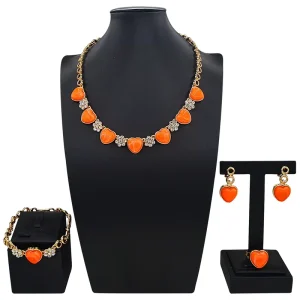 Zhuerrui Gold Plated Orange Enamel Heart Rhinestone 4Pcs Jewelry Set Necklace Women Daily Party Decor Jewellery HJ2500114