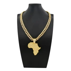 Zhuerrui Hop Iced Out Africa Map Pendant Necklace with Miami Cuban Link Chain Gold Plated Bling Rhinestone Men Jewelry B2400510