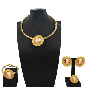 Zhuerrui Mesh Two Tone Gold Plated 4Pcs Jewelry Set for Women Dubai African Statement Necklace Earrings Bracelet Ring