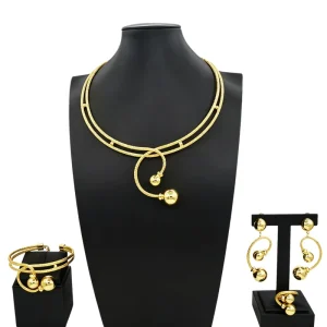 Zhuerrui Mesh Two Tone Gold Plated 4Pcs Jewelry Set for Women Dubai African Statement Necklace Earrings Bracelet Ring