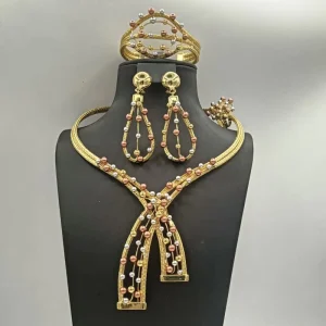 Zhuerrui Tricolor Dubai Gold Jewelry Set African Bridal Wedding Accessories Beads Necklace Earrings Bangle Ring Set HS2603