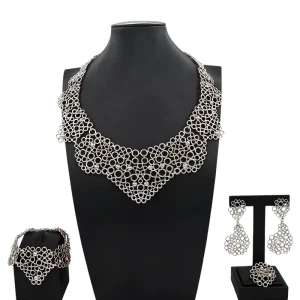 Zhuerrui Women Hollow Out Geometric Bib Statement 4Pcs Jewelry Set Necklace Bracelet Earring Ring Jewelry Kit I0156