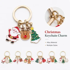Zinc Alloy Enamel Christmas Cartoon Keychain Santa Snowman Reindeer Pendant Charm Key Ring Bag Accessory Holiday Party Gift