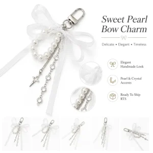 Zinc Alloy Handmade Beaded Bow Ribbon Keychain Sweet Pearl Star Crystal Bag Charm Pendant for Women Handbag Purse Car Keys Gift