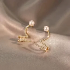 Zinc Alloy Pearl Inlaid Gold Plated Wavy Fashion Stud Earrings Ear Cuff Wedding Engagement Jewelry