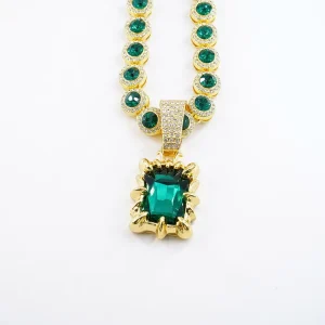 Zinc Alloy Rhinestone Round Cuban Link Chain Hip Hop Rectangle Colorful Glass Pendant Necklace