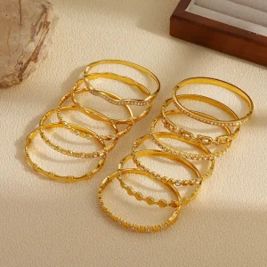 Zircon Bangle Roman Numeral Rhombus Paved Rhinestone Stainless Steel Real Gold Plated Bracelet