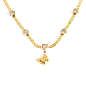 Zircon Bow Pendant Stainless Steel Necklace Elegant Style Long Sweater Chain Fashion Accessories