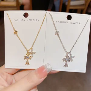 Zircon Crucifix Necklace 14K Gold Plated Copper Double Cross Necklace Christian Faith Pendant Fashion Accessories Party Wear