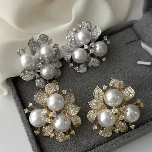 Zircon Encrusted Floral Pearl Stud Earrings with Unique Design Pave Zircon Leaf Shape Earrings
