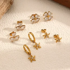 Zircon Flower Fashion Earrings Stainless Steel Diamond Starfish Luxury Earrings
