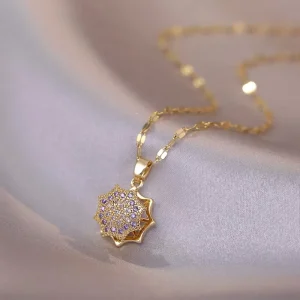 Zircon Flower Necklace Rotatable Elegant Titanium Steel Pendant New Design Rotating Internet Celebrity Fashion Necklace Women