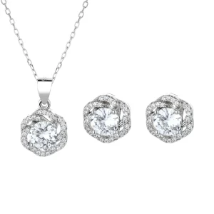 Zircon Flower Shaped Pendant Necklace Earring Set for Ladies