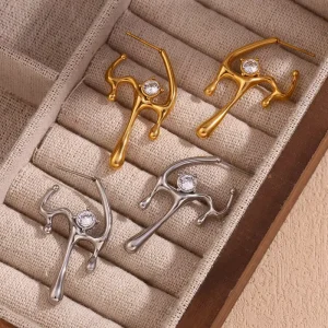 Zircon Geometric Melting Liquid Women’s 316L Stainless Steel Jewelry 18K PVD Gold Earrings Retro Temperament Earrings