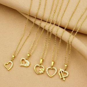 Zircon Heart Charms Choker Necklace Pendants Unisex 18K Gold Plated Stainless Steel Trendy Anniversary Necklace