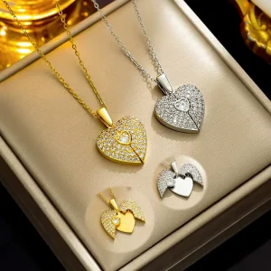 Zircon Heart Pendant Necklace Polished Angel Wings Heart Shaped Pendant Set with Zirconia Hearts Stainless Steel Necklace