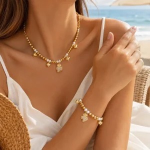 Zircon Heart Shaped Crown Necklace Bracelet Set With 18K Gold Plated 316L Stainless Steel Jewelry For Women Gift