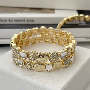 Zircon Inlaid Elastic Bracelet with Smiling Face, Sun Flower, Heart Charms