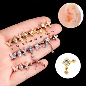 Zircon Love Butterfly Eye Earring Cartilage Piercing Stainless Steel Thin Rod Screw Ball Earrings Stud