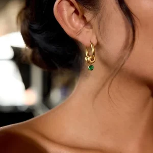 Zircon Luxury Pendant Earrings Stainless Steel Waterproof 18 k Pvd Gold Green Beads Click 2CM Hoop Earrings for Daily Office