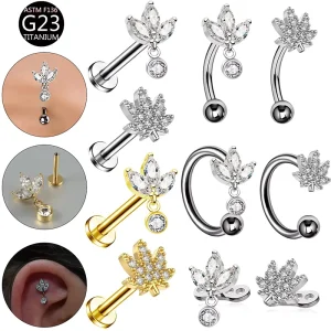 Zircon Maple Leaf Design G23 Titanium Alloy Internal Thread Fashion Piercing Jewelry Lip Stud Earring Eyebrow Stud Implant