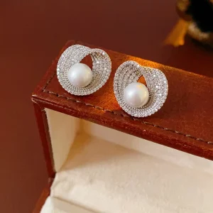 Zircon Round Imitation Pearl Earrings Irregular Design Pearl Stud Earrings for Women XXEH813