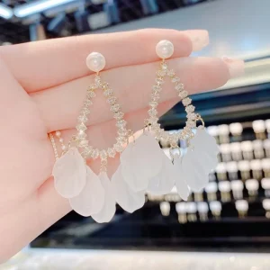 Zircon Water drop Style Earrings Acrylic Petals with Flowing Fringes S925 Silver Hook Fashion Earrings