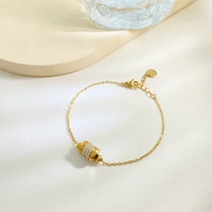 Zirconia Pendant Thin Chain Stainless Steel Gold Plated Women’s Charm Bracelet for Gift