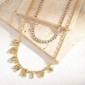 Zodiac Bubble Letter Layered Necklace Rhinestone Chain Birthday Astrology Necklace Gifts for Women Custom