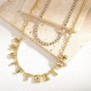 Zodiac Bubble Letter Layered Necklace Rhinestone Chain Birthday Astrology Necklace Gifts for Women Custom