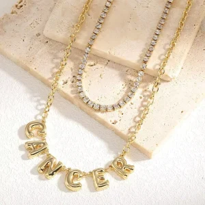 Zodiac Bubble Letter Layered Necklace Rhinestone Chain Cancer Birthday Astrology Necklace Gifts for Women Custom