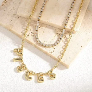 Zodiac Bubble Letter Layered Necklace Rhinestone Chain Pisces Birthday Astrology Necklace Gifts for Women Custom
