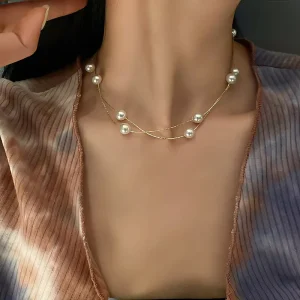 Zooying Fashion Jewelry Double Layered Pearl Delicate Gold Chain Retro Luxury Temperament Elegant Necklace