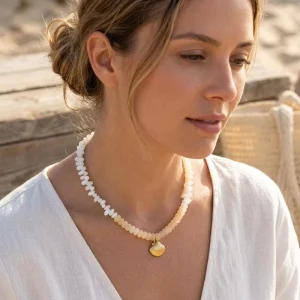 Zooying Natural Stone Beaded Necklace Seaside Style Natural Shell Peanut Beads Stainless Steel Shell Pendant Necklace for Women