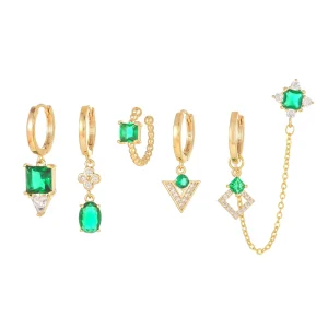 Zuola Fashionable Fine Customizable Jewelry 6Pcs Brass Real Gold Plated Emerald Hoop Clip Stud Earrings Set for Woman