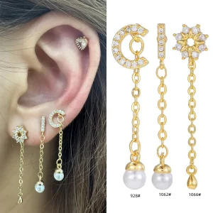 Zuola Stainless Steel Shiny Zircon Ear Studs Chain Link Earrings Women’s Fashion Piercing Jewelry Daily Wear