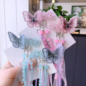 butterfly Headdress Chinese Style Ancient Costume Accessories Lace Ribbon Tassel Hair Clip for Girls