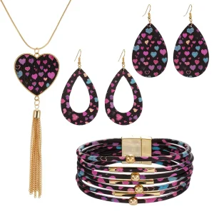 costume jewelry necklace and earring sets Heart Multi Layer Bracelet and PU Leather Water Drop Dangle Earrings Sets