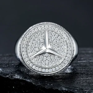 fashion hot seling Iced Out Mercedes Moissanite Signet Ring 925 Silver Luxury Ring Paved Moissanite Hip Hop Ring for Men