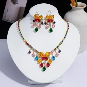 rainbow Crystal Fashion Necklace Earring Set Crystal None Tarnish No Fade Jewelry Set Costume Crystal Jewelry